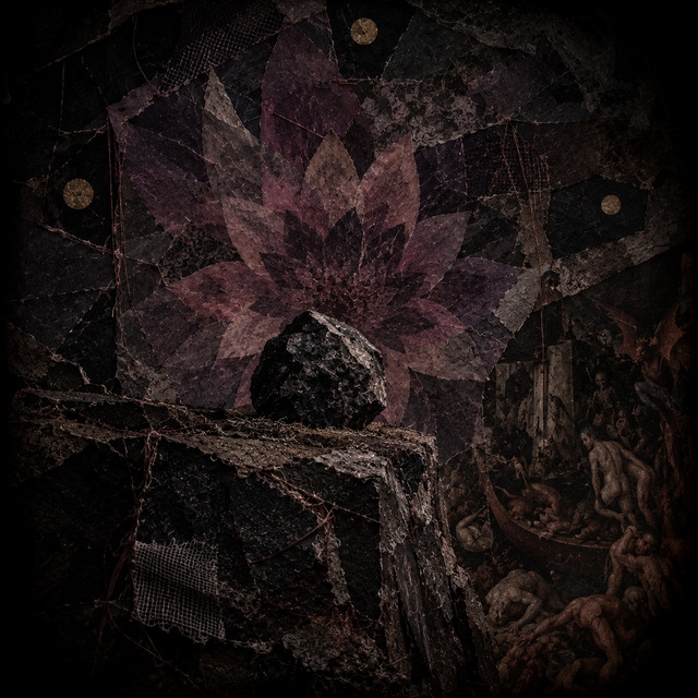 Cover art for For Elliot: a dark fabric collage of a many-petalled mauve bloom opening behind a black faceted boulder on a ledge, a crowded underworld shore and its ferry boat off to one side, brass studs pinning the corners
