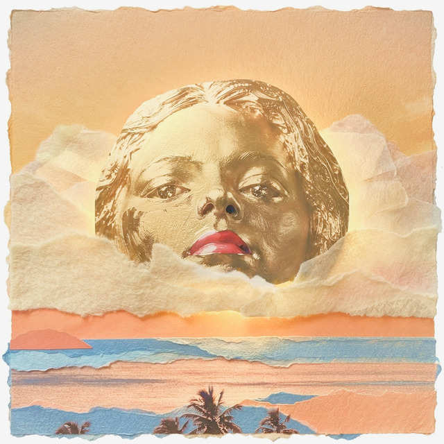 Cover art for Top Muse: a torn-paper collage of a gold sculpted face with red lips rising like the sun out of a bank of cloud, over a peach sea striped in blue with an island and palm tops along the shore