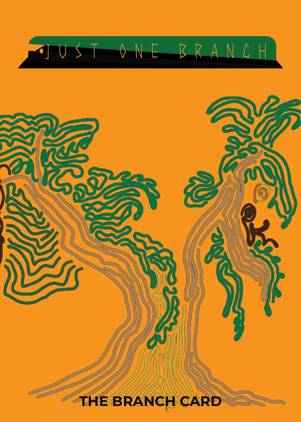 The front of the card: the two trees under the Just One Branch sign