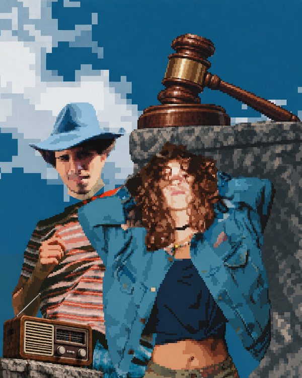 Pixel-art portrait of Mattricks Lauer and Amanda Kurt against a blue sky, a courtroom gavel on the stone wall behind them and an old radio at their feet.