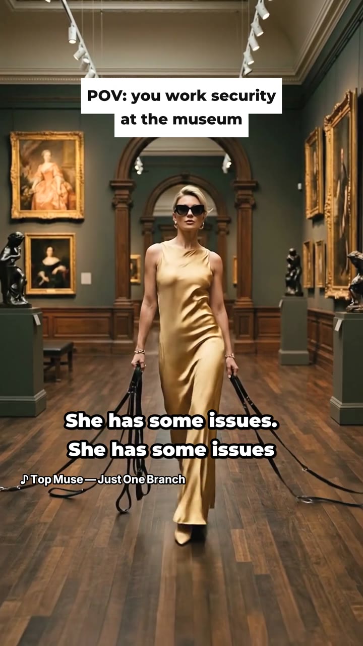 “POV: you work security at the museum” — captioned to “She has some issues” from Top Muse. Vertical, 21 seconds, with the song. Post it anywhere.